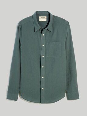 Madewell Mens Crinkle Cotton Perfect Long-Sleeve Shirt in Architect Green